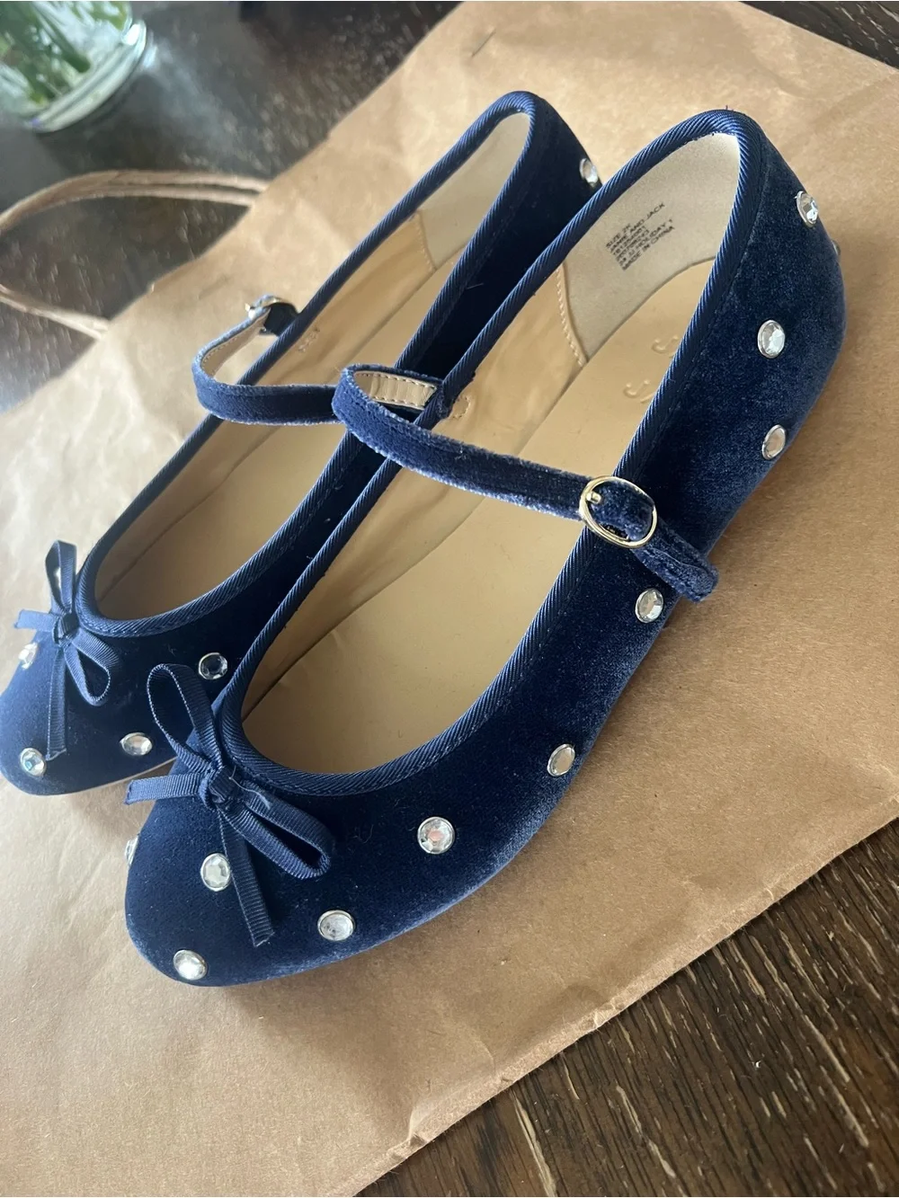 Janie and Jack Navy Velvet Mary Jane Flats with Gem Studs